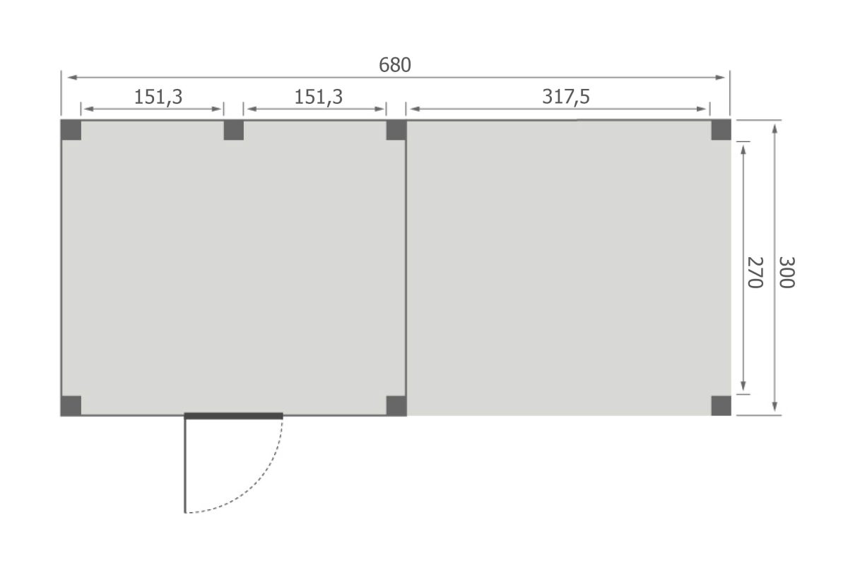 Overkapping Base Serie 4 Douglas 680 x 300 cm plattegrond