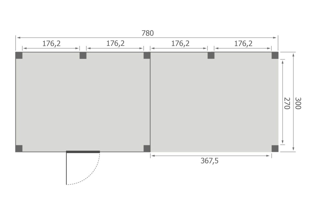 Overkapping Base Serie 4 Douglas 780 x 300 cm plattegrond