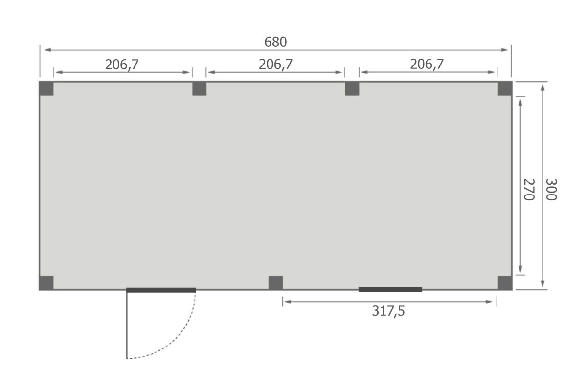 Overkapping Base Serie 5 Douglas 680 x 300 cm plattegrond